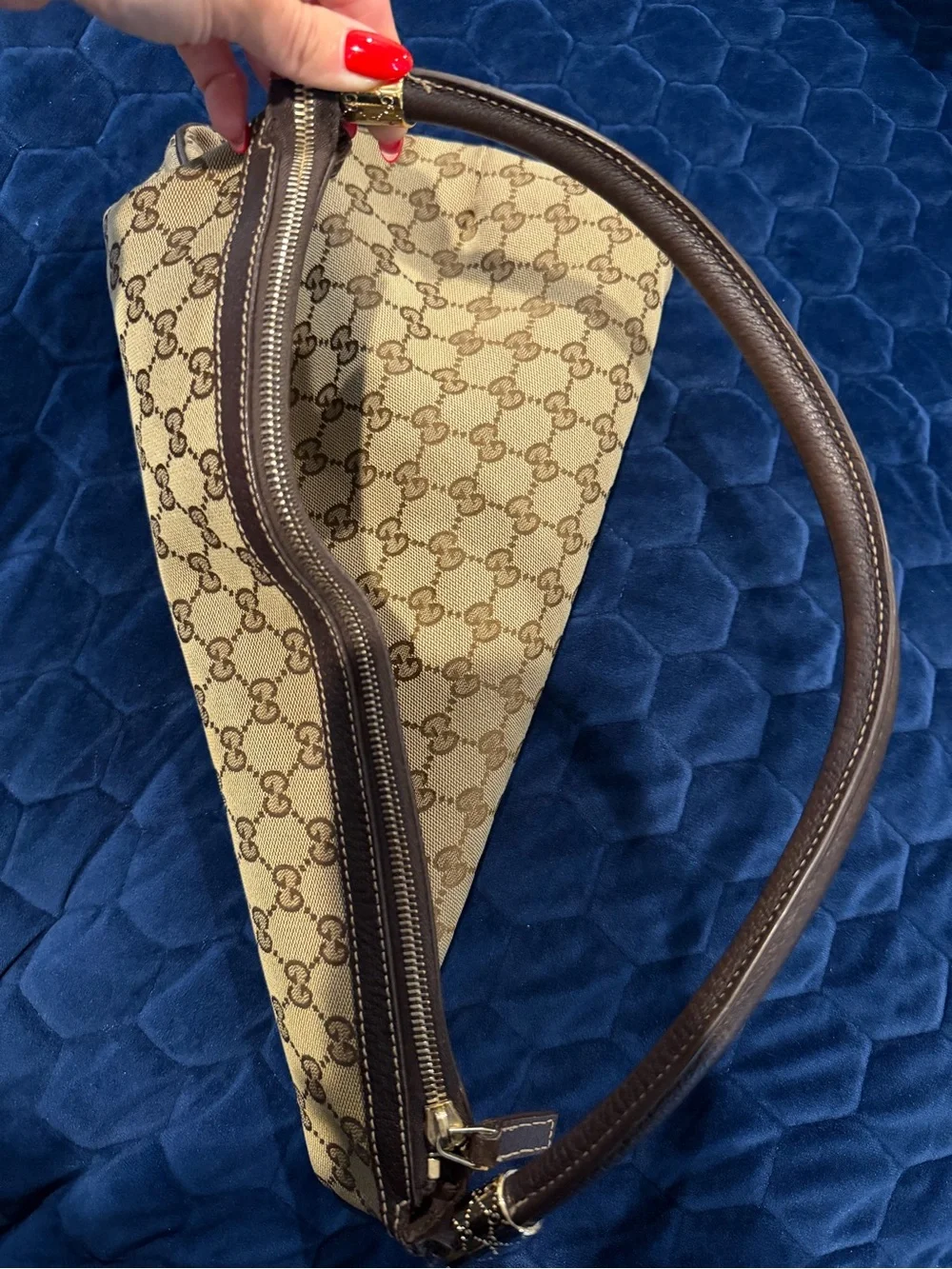 Gucci Beige Monogram Canvas Shoulder Bag with Brown Trim
